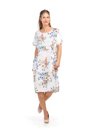 PD-16727 - SHORT SLEEVE FLORAL LINEN DRESS WITH KNIT PANELS AND POCKETS - Colors: AS SHOWN - Available Sizes:XS-XXL - Catalog Page:23 